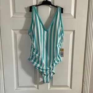 Striped Teal and White  One Piece Swimsuit